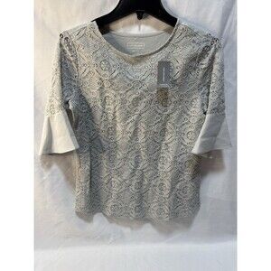 Van Heusen Women Top Size XS Lace Floral Tan Blouse Bell Sleeve Light Grey